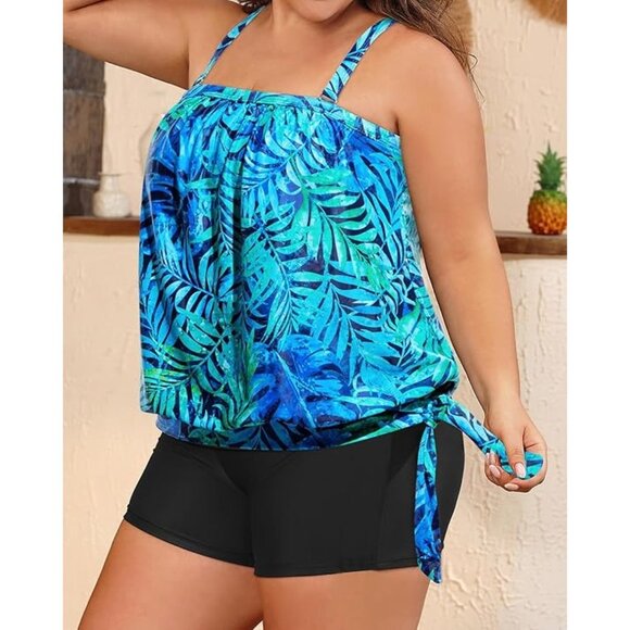 Tempt Me Bandeau 2-Piece Blouson Top High Waist Boyshorts Swimsuit Set Size 18W - Picture 5 of 14